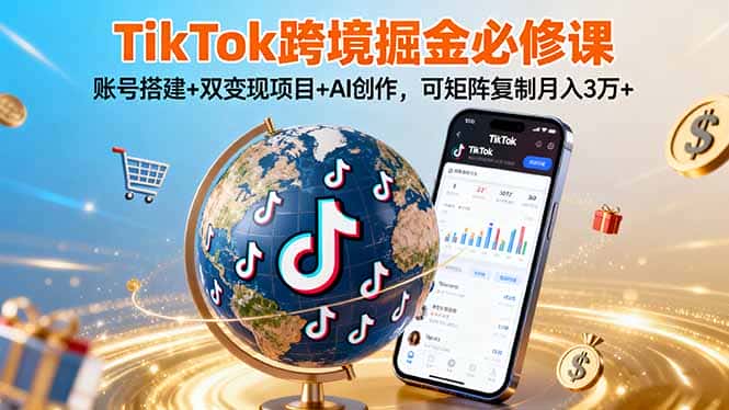 TikTo跨境掘金必修课，账号搭建+双变现项目+AI创作，可矩阵复制月入3万+-副业吧