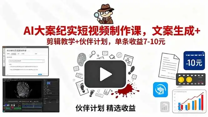 【精】AI大案纪实短视频制作课，文案生成+剪辑教学+伙伴计划，单条收益7-10元-创业猫