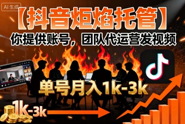 【抖音炬焰托管】你提供账号，团队代运营发视频，单号月入1k+【揭秘】-优优云创