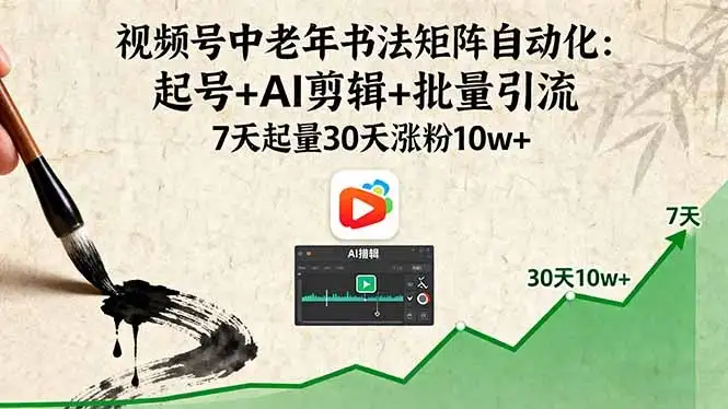 【精】视频号中老年书法矩阵自动化：起号+AI剪辑+批量引流 7天起量30天涨粉10w+-优优云创