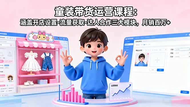童装带货运营课程：涵盖开店设置-流量获取-达人合作三大模块，月销百万+-优优云创