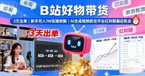 B站好物带货，3天出单，新手月入1W实操拆解，AI生成视频，抓住平台红利期最后机会-优优云创