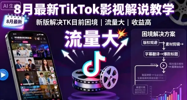 【精】8月最新TikTok影视解说教学，新版解决TK目前困境，流量大，收益高-优优云创