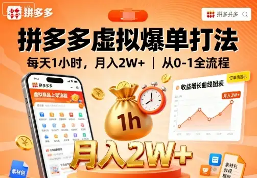 拼多多虚拟爆单打法，每天1小时，月入2W+，从0-1全流程-优优云创