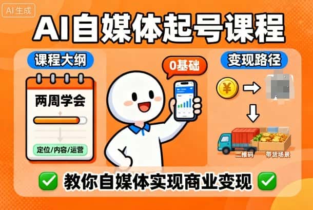 AI自媒体起号课程，0基础小白两周学会，教你自媒体实现商业变现-副业吧