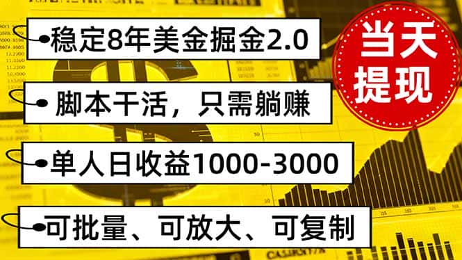 稳定8年美金掘金2.0脚本干活，只需躺赚。单人日收益1000-3000可批量、…-优优云创