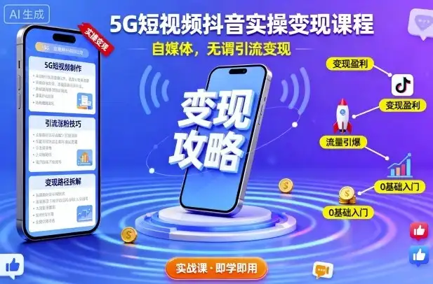 【精】5G短视频抖音实操变现课程，自媒体，无谓引流变现-优优云创