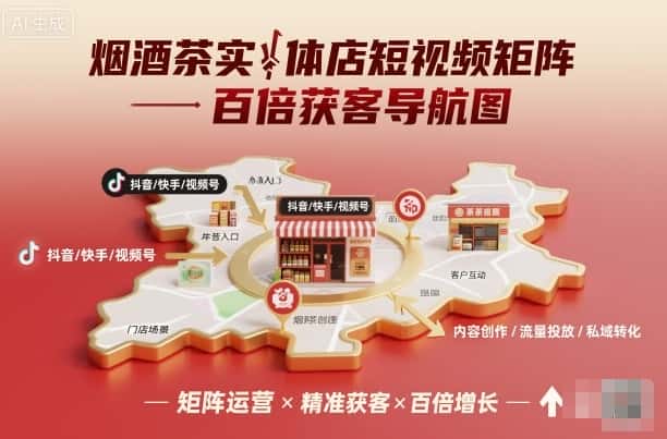 烟酒茶实体店短视频矩阵百倍获客导航图-优优云创