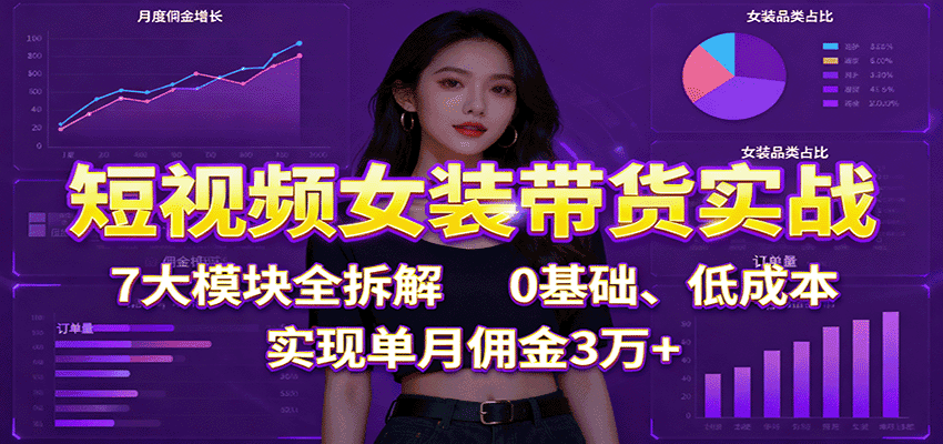 短视频女装带货实战：7大模块全拆解，0基础、低成本，实现单月佣金3万+-优优云创