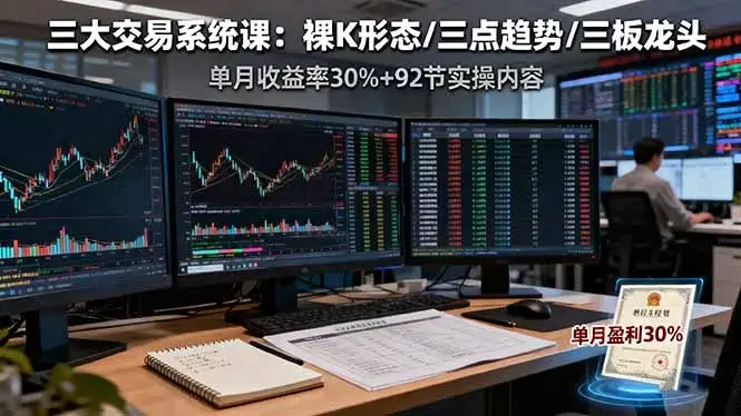 【精】三大交易系统课：裸K形态/三点趋势/三板体系，单月收益率30%+92节实操内容-优优云创