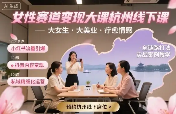 【精】女性赛道变现大课杭州线下，大女生，大美业，疗愈情感，一套小红书、抖音、私域全链路打法-优优云创