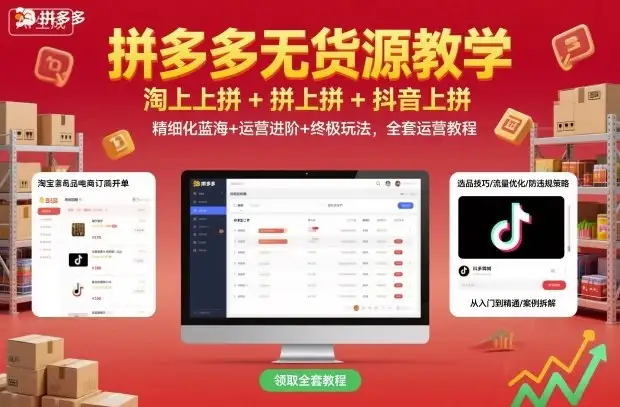 【精】拼多多无货源教学，淘上拼+拼上拼+抖上拼，精细化蓝海+运营进阶+终极玩法，全套运营教程-优优云创