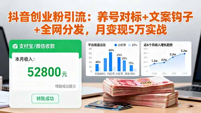 抖音创业粉引流：养号对标+文案钩子+全网分发，月变现5万实战-副业吧