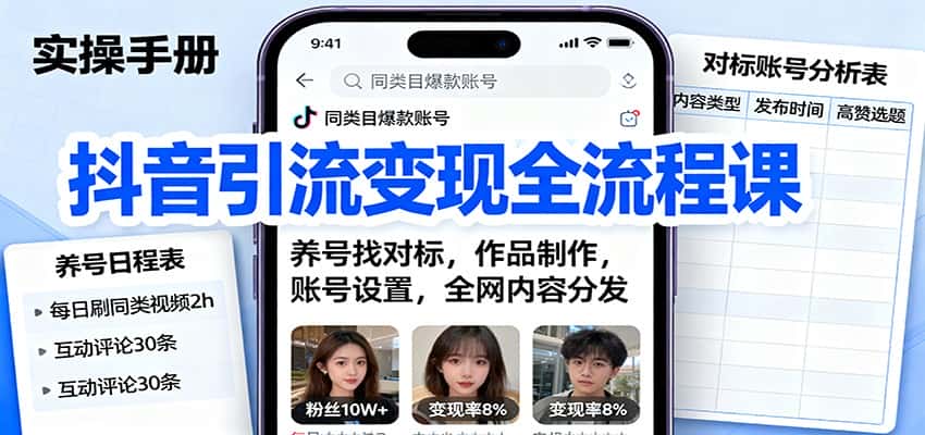 抖音引流变现全流程课：养号找对标，作品制作，账号设置，全网内容分发-优优云创