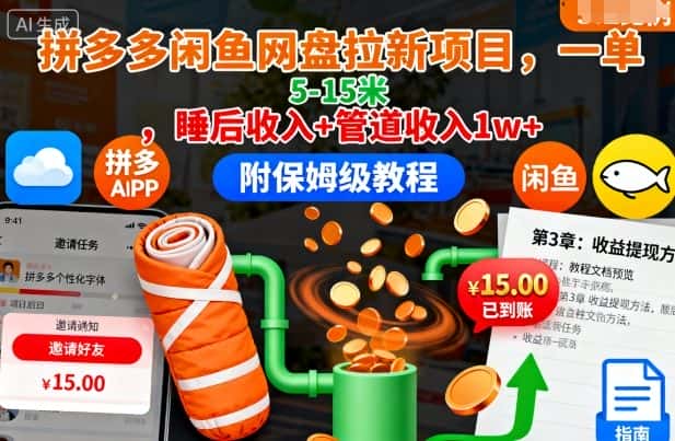 拼多多闲鱼网盘拉新项目，一单5-15米，睡后收入+管道收入1w+(附保姆级教程)-优优云创