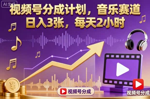 视频号分成计划，音乐赛道，日入3张，每天2小时-副业吧