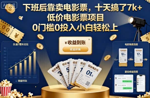 下班后靠卖电影票，十天搞了7k+，低价电影票项目，0门槛0投入小白轻松上手【揭秘】-优优云创