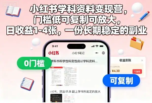 【精】小红书学科资料变现营，门槛低可复制可放大，日收益1-4张，一份长期稳定的副业-优优云创
