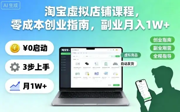 淘宝虚拟店铺课程，零成本创业指南，副业月入1W+-优优云创