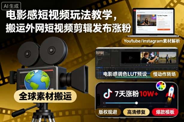 电影感短视频玩法教学，搬运外网短视频剪辑发布涨粉-优优云创