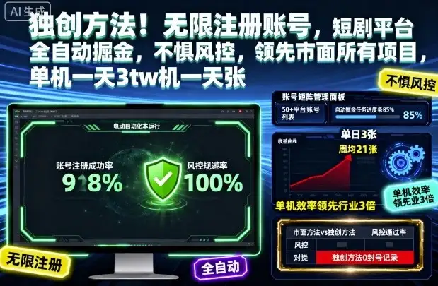 独创方法！无限注册账号，短剧平台全自动掘金，不惧风控，领先市面所有项目，单机一天3张【揭秘】-优优云创网