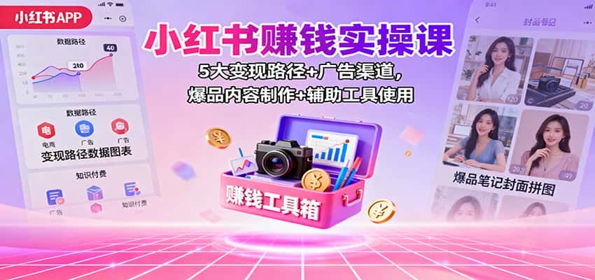 小红书赚钱实操课：5大变现路径+广告渠道，爆品内容制作+辅助工具使用-副业吧