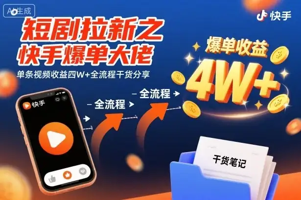 短剧拉新之快手爆单大佬单条视频收益四W+全流程干货分享-优优云创