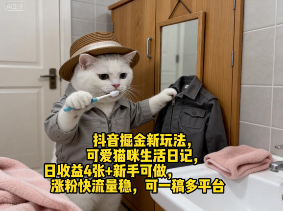 抖音掘金新玩法，可爱猫咪生活日记，日收益4张+新手可做，涨粉快流量稳，可一稿多平台-优优云创