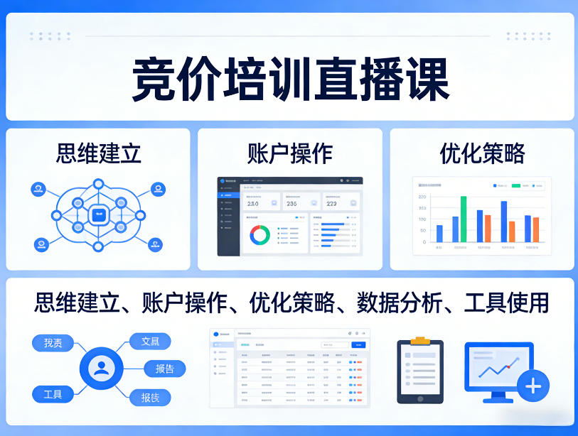 竞价培训直播课，覆盖思维建立、账户操作、优化策略、数据分析、工具使用等，全方位提升效果-优优云创