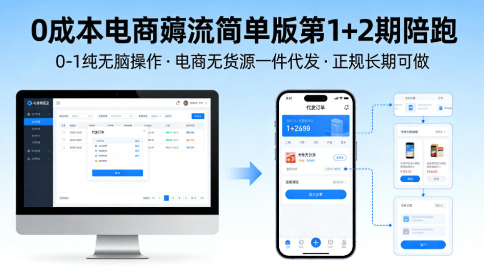 0成本电商薅流简单版第1+2期陪跑，0-1纯无脑操作，电商无货源一件代发，正规长期可做-优优云创