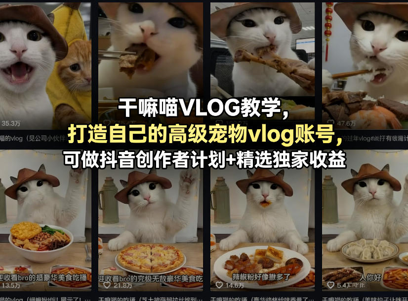 干嘛喵VLOG教学,打造自己的高级宠物vlog账号,可做抖音创作者计划+精选独家收益-优优云创