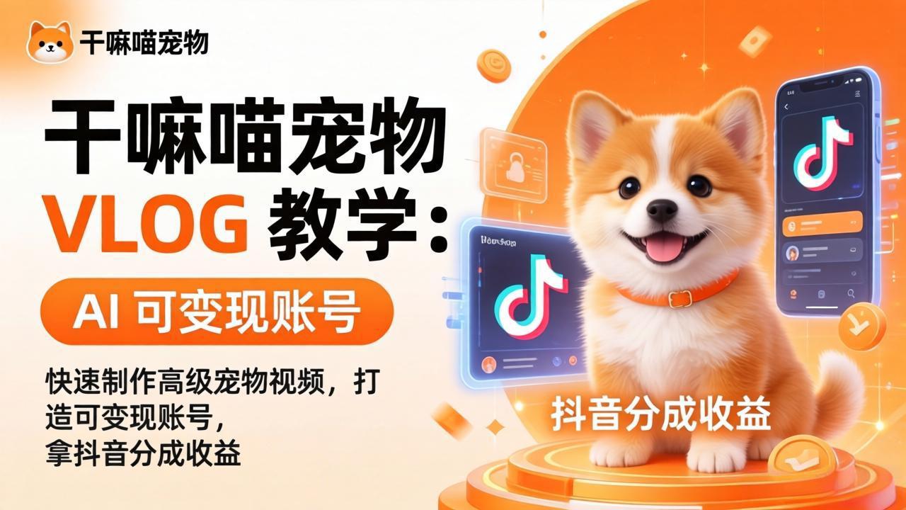 干嘛喵宠物 VLOG 教学：AI 快速制作高级宠物视频，打造可变现账号，拿抖音分成收益-优优云创