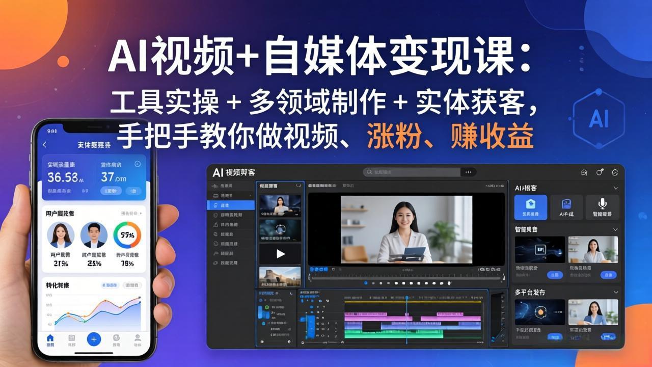 AI视频+自媒体变现课：工具实操 + 多领域制作 + 实体获客，手把手教你做视频、涨粉、赚收益-优优云创网