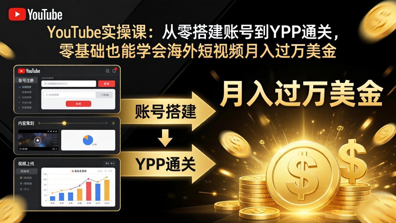 YouTube实操课：从零搭建账号到YPP通关，零基础也能学会海外短视频月入过万美金-优优云创网