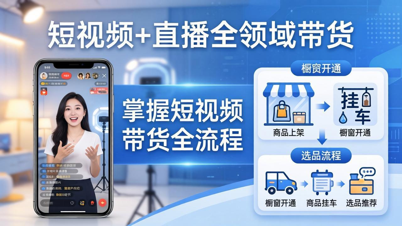 短视频+直播全领域带货-更新：掌握橱窗开通、挂车、选品、爆款文案改编等短视频带货全流程-优优云创网