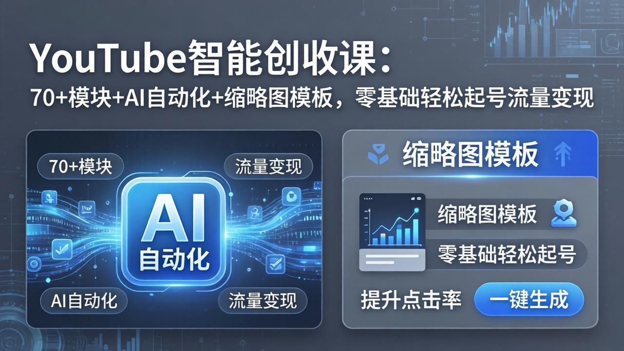 YouTube智能创收课：70+模块+AI自动化+缩略图模板，零基础轻松起号流量变现-优优云创网