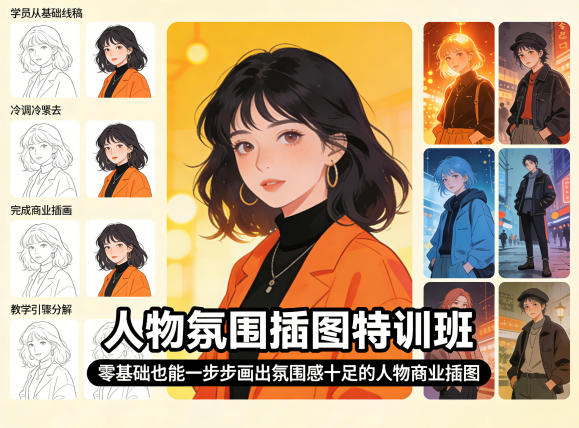人物氛围插图特训班，零基础也能一步步画出氛围感十足的人物商业插图-优优云创网
