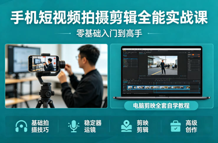 手机短视频拍摄剪辑全能实战课：零基础入门到高手，稳定器运镜+电脑剪映全套自学教程-优优云创网