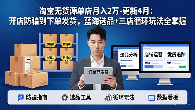淘宝无货源5.0单店月入2万-更新4月：开店防骗到下单发货，蓝海选品+三店循环玩法全掌握-优优云创网