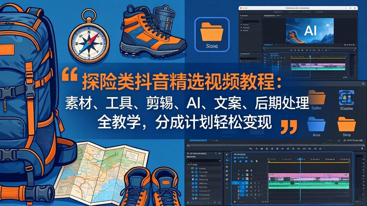 探险类抖音精选视频教程：素材、工具、剪辑、AI、文案、后期处理全教学，分成计划轻松变现-优优云创网