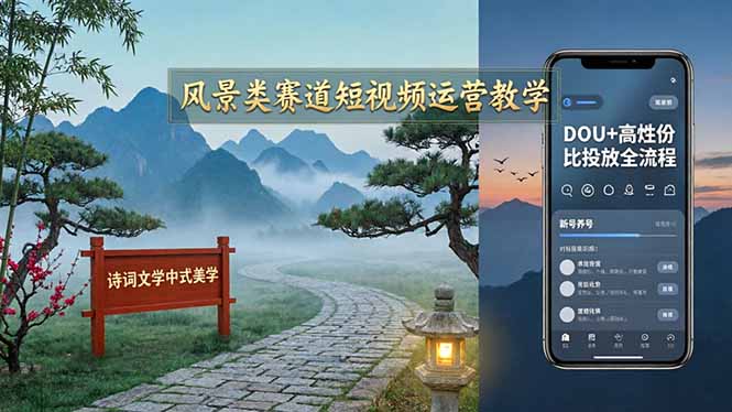 风景类赛道短视频运营教学:诗词文学中式美学,新号养号对标账号定位,DOU+高性价比投放全流程-优优云创网