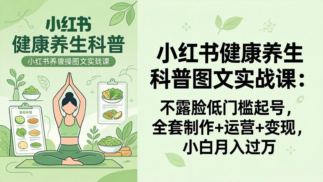 2026小红书健康养生科普图文实战课：不露脸低门槛起号，全套制作+运营+变现，小白月入过万-优优云创网