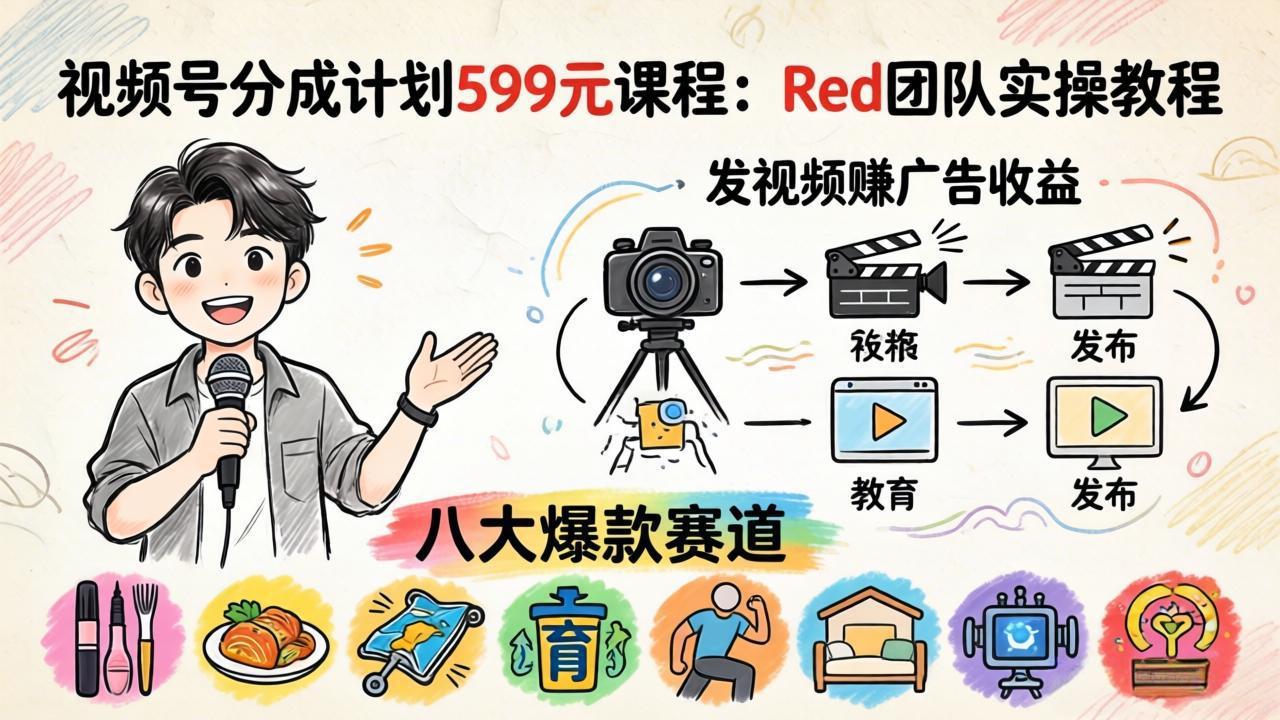 视频号分成计划599元课程：Red团队实操教程，发视频赚广告收益，八大爆款赛道全掌握-优优云创网