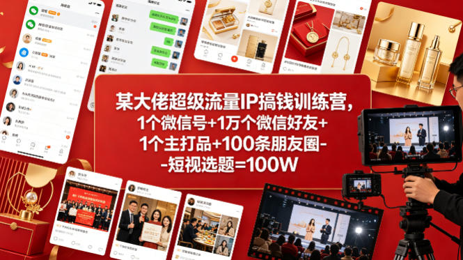 某大佬超级流量IP搞钱训练营，1个微信号+1万个微信好友+1个主打品+100条朋友圈-短视选题=100W-优优云创网