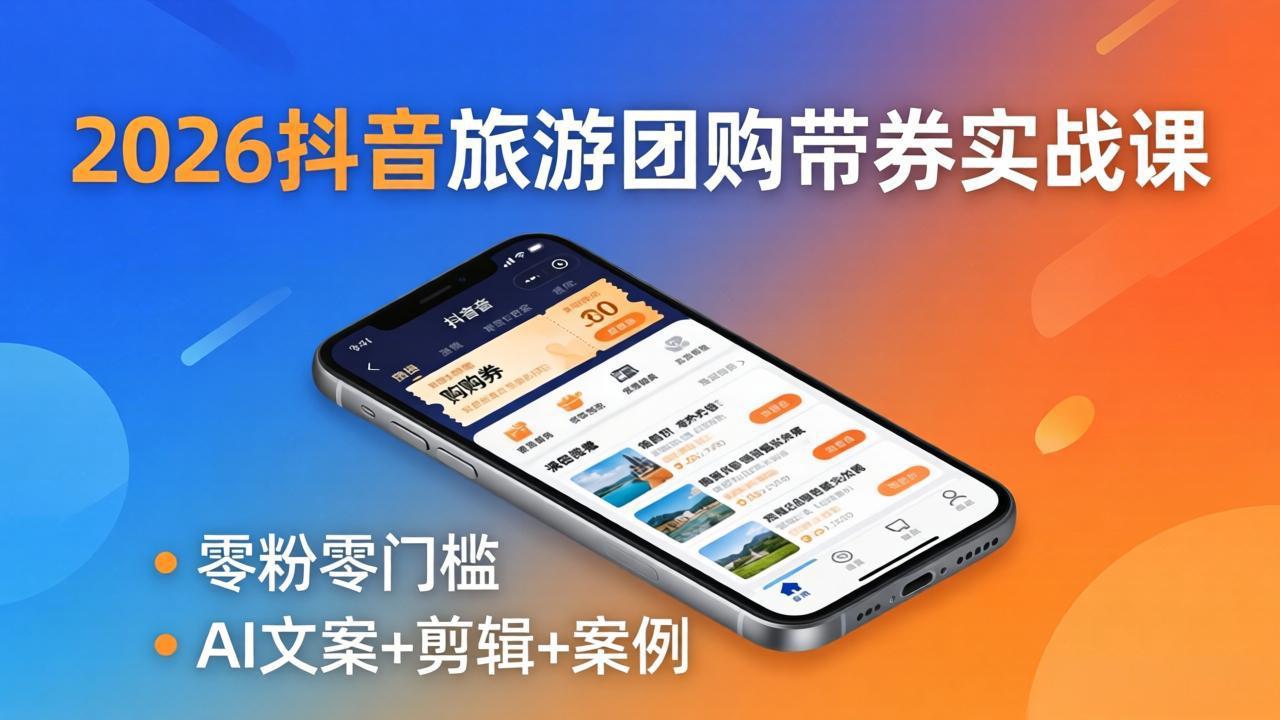 2026抖音旅游团购带券实战课：零粉零门槛，AI文案+剪辑+案例，躺着赚门票佣金-优优云创网