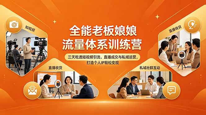 全能老板娘流量体系训练营，三天吃透短视频引流、直播成交与私域运营，打造个人IP轻松变现-优优云创网