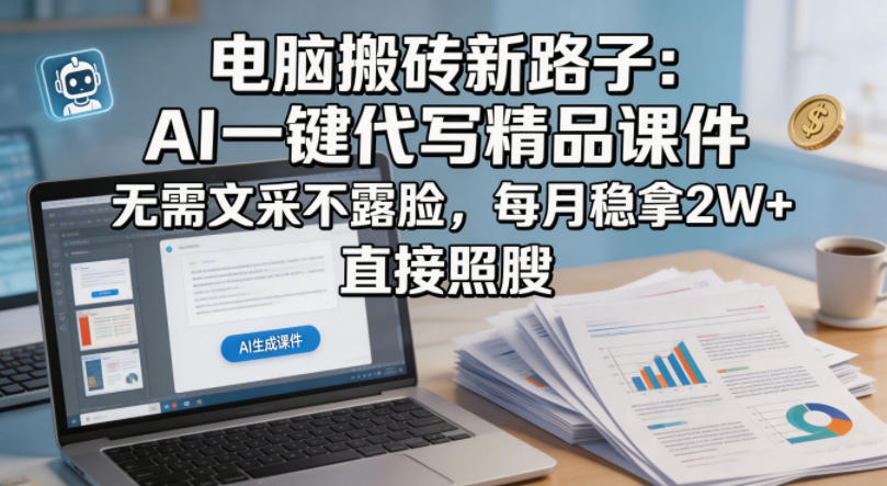 电脑搬砖新路子：AI一键代写精品课件，无需文采不露脸，每月稳拿2W+，直接照搬-优优云创网