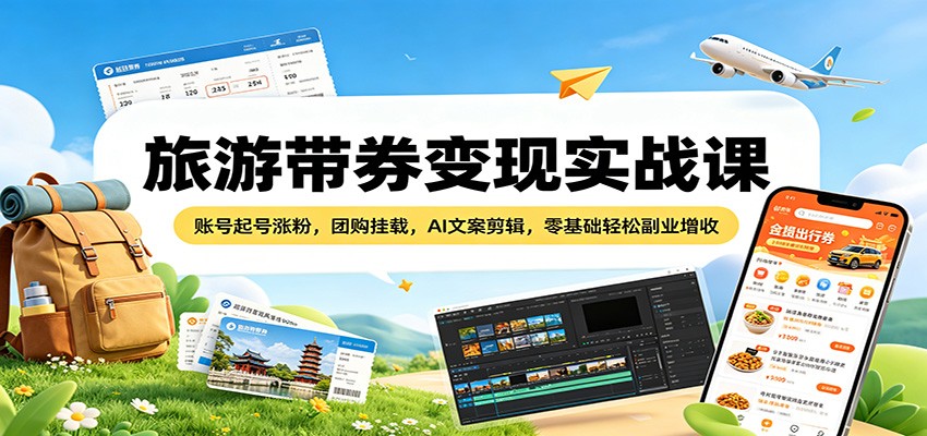 旅游带券变现实战课：账号起号涨粉，团购挂载，AI文案剪辑，零基础轻松副业增收-优优云创网