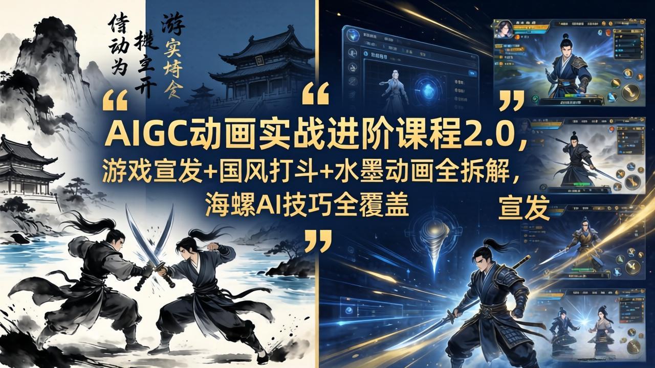 AIGC动画实战进阶课程2.0，游戏宣发+国风打斗+水墨动画全拆解，海螺AI技巧全覆盖-优优云创网