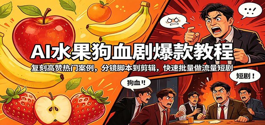 AI水果狗血剧爆款教程：复刻高赞热门案例，分镜脚本到剪辑，快速批量做流量短剧-优优云创网